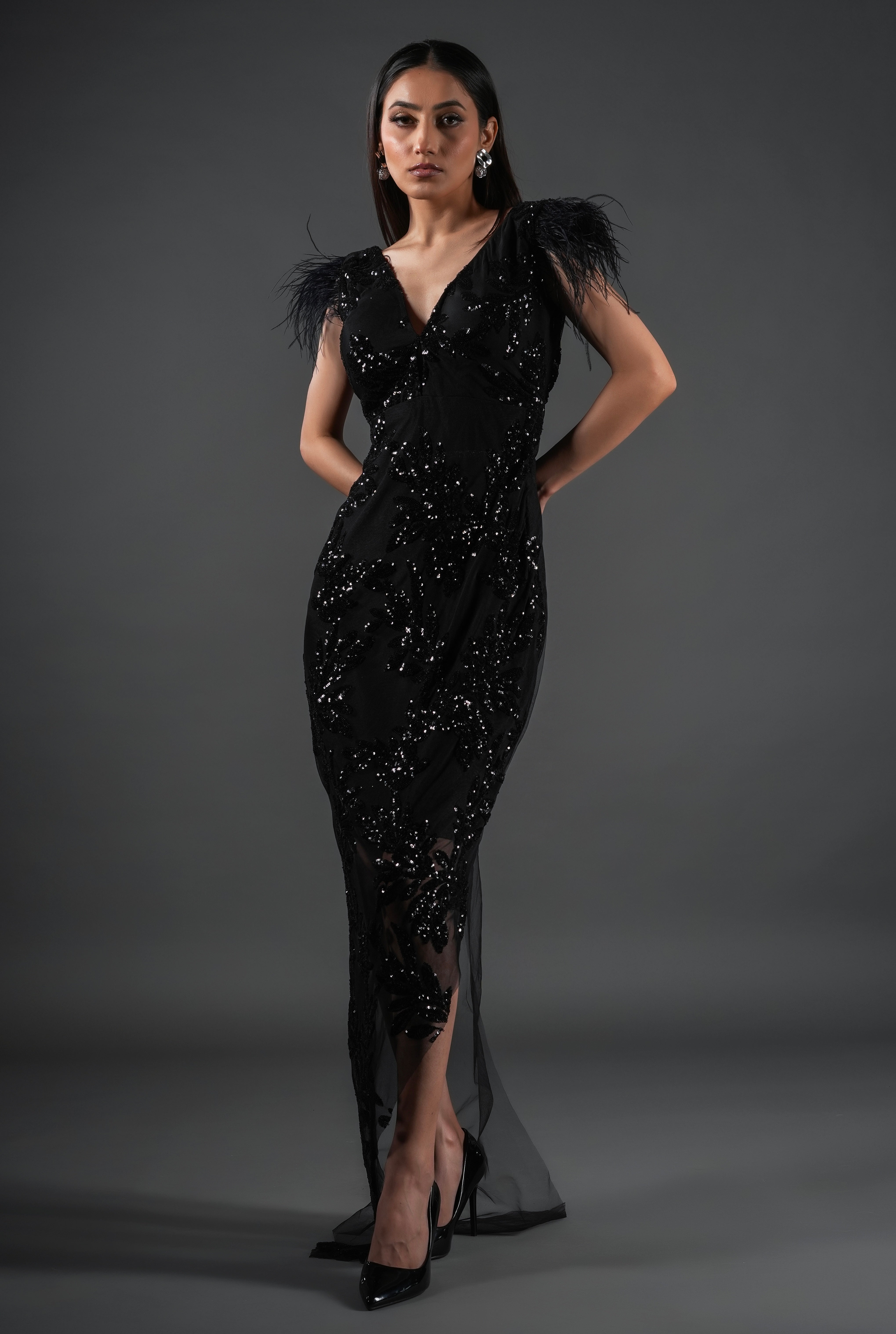 BLACK COCKTAIL DRESS WITH FEATHER DETAILING