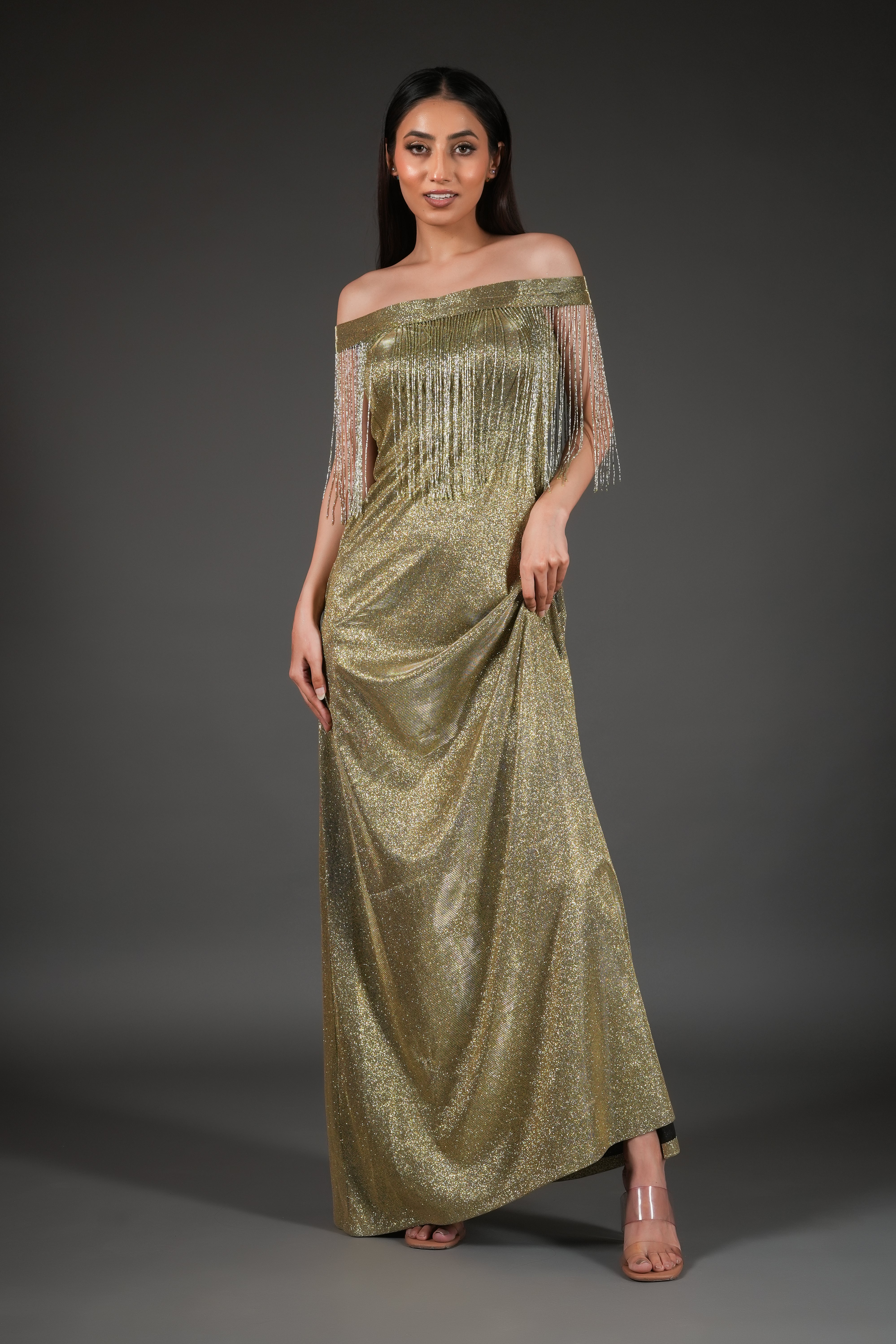 GOLD SHIMMER DRESS WITH LONG TASSELS