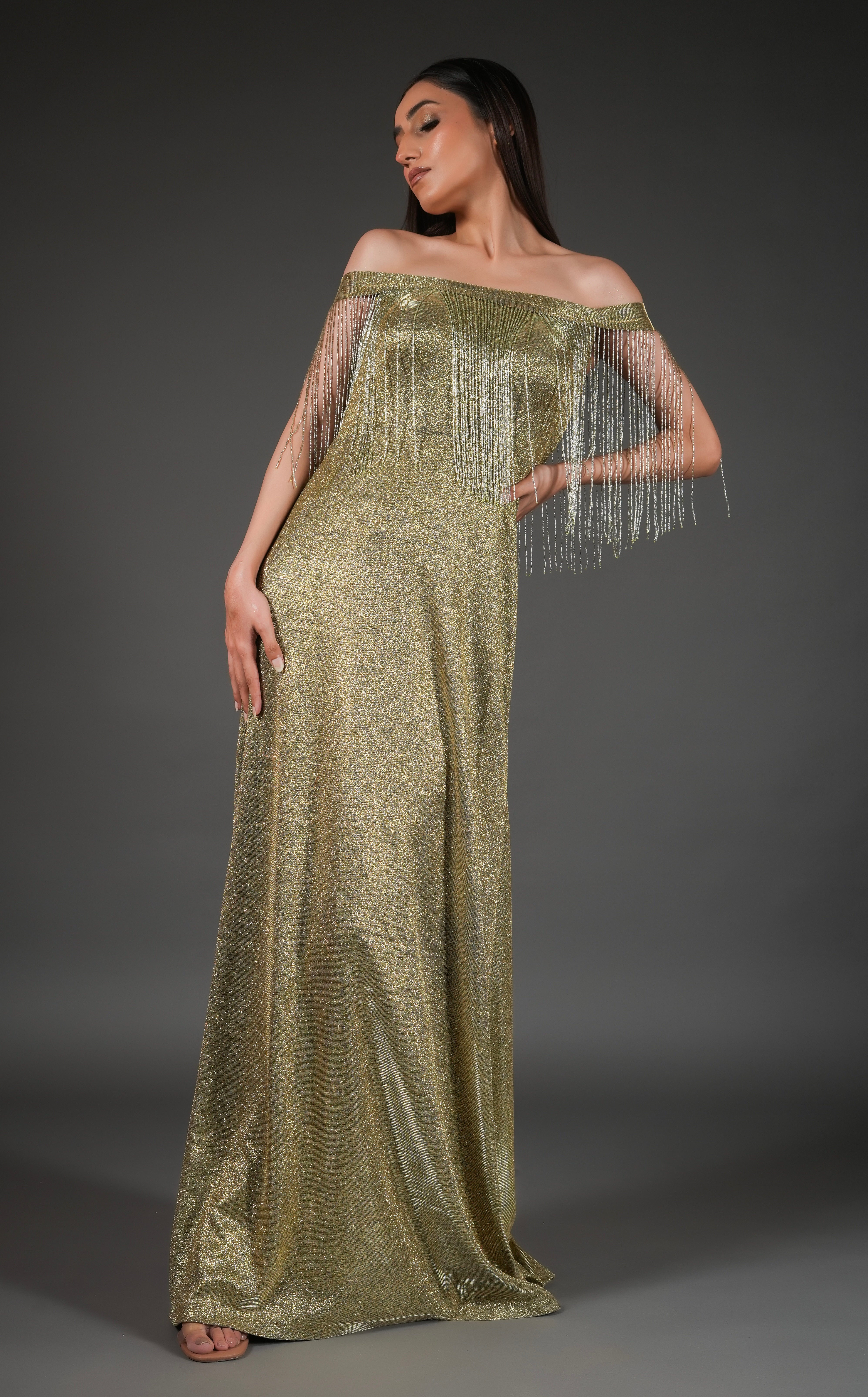 GOLD SHIMMER DRESS WITH LONG TASSELS