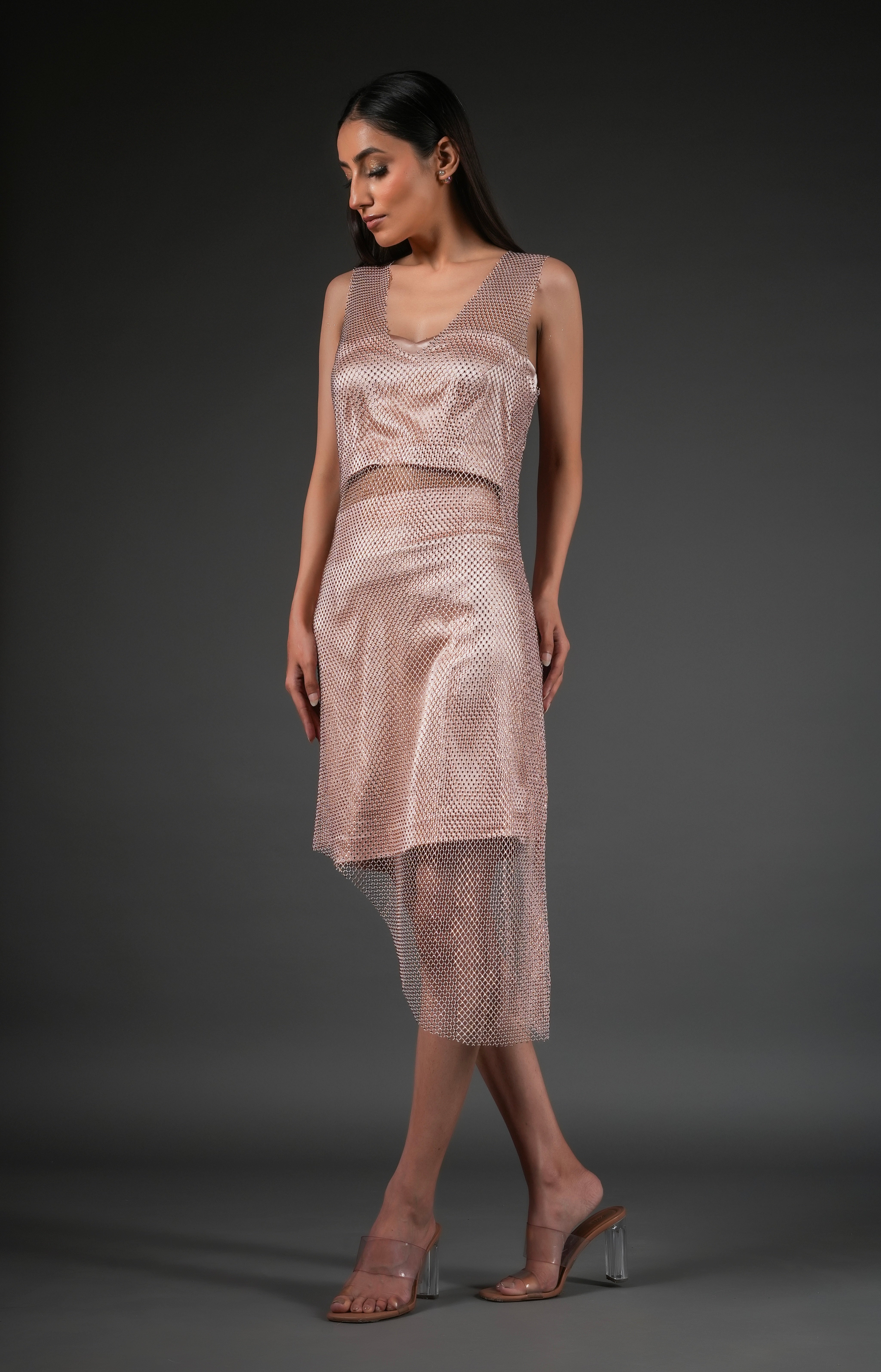 PINK RHINESTONE EMBELLISHED MESH DRESS