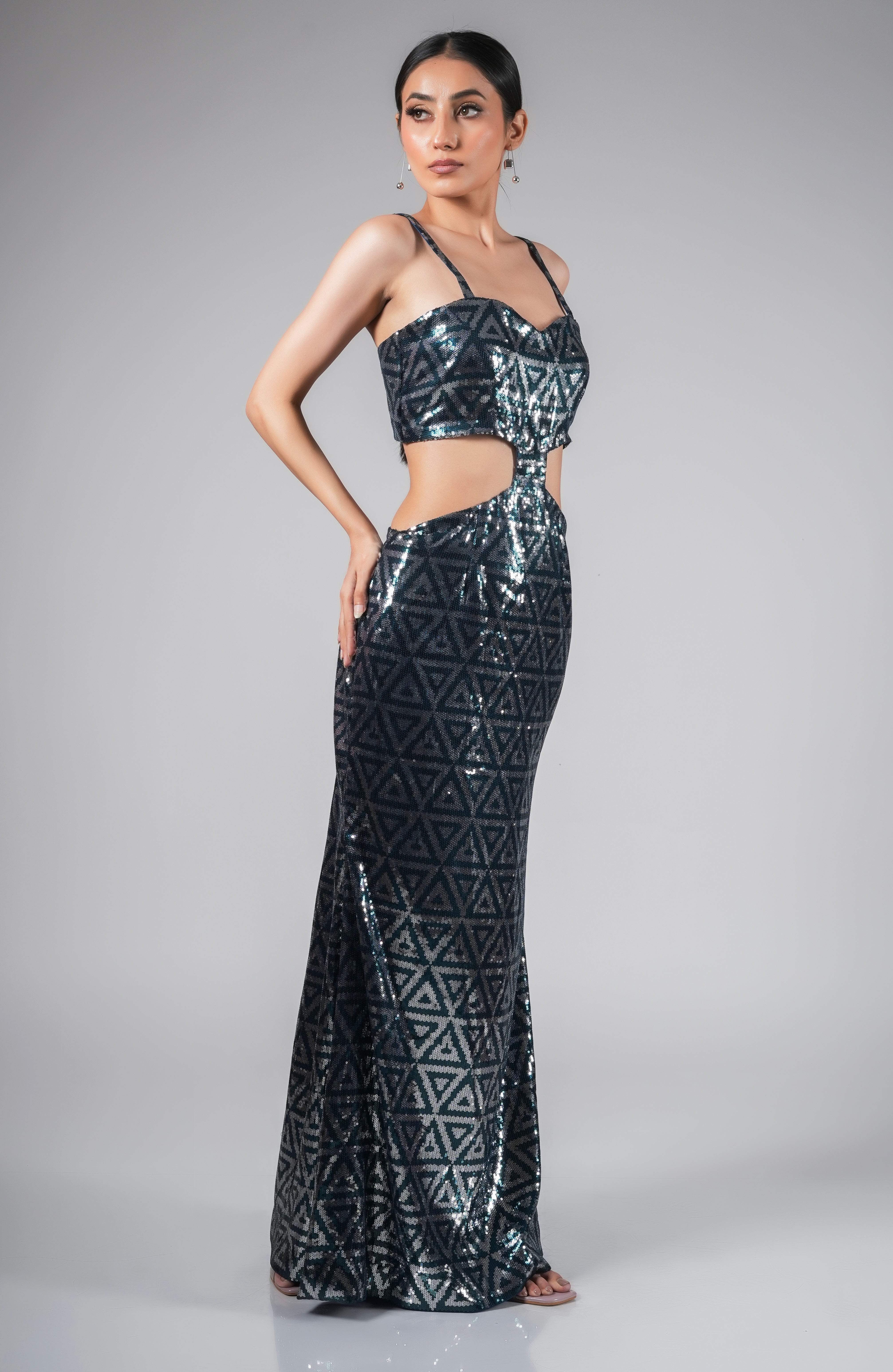 BLUE SEQUIN COCKTAIL DRESS WITH SIDE CUTS