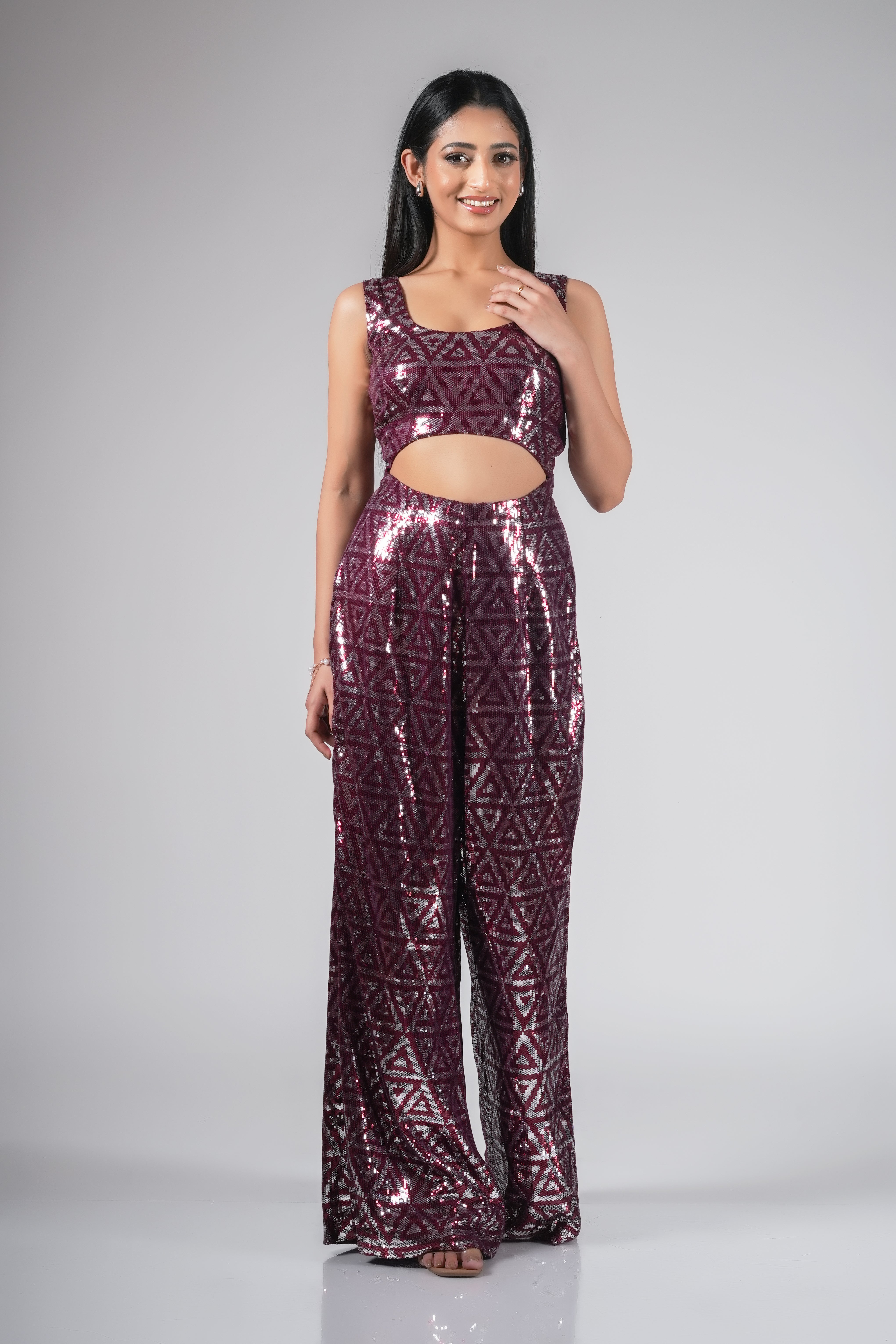 RED SEQUIN JUMPSUIT WITH CUT OUTS