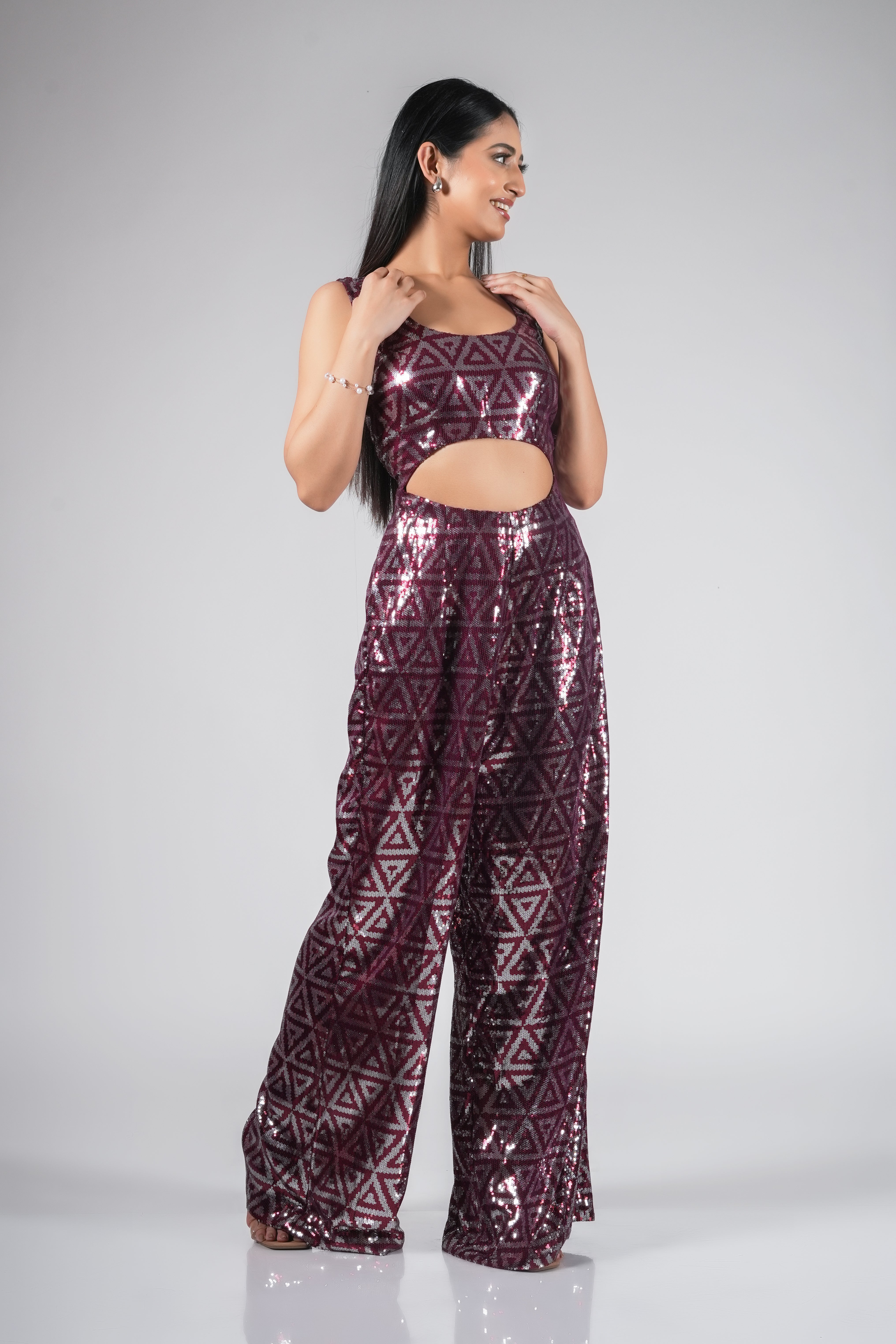 RED SEQUIN JUMPSUIT WITH CUT OUTS