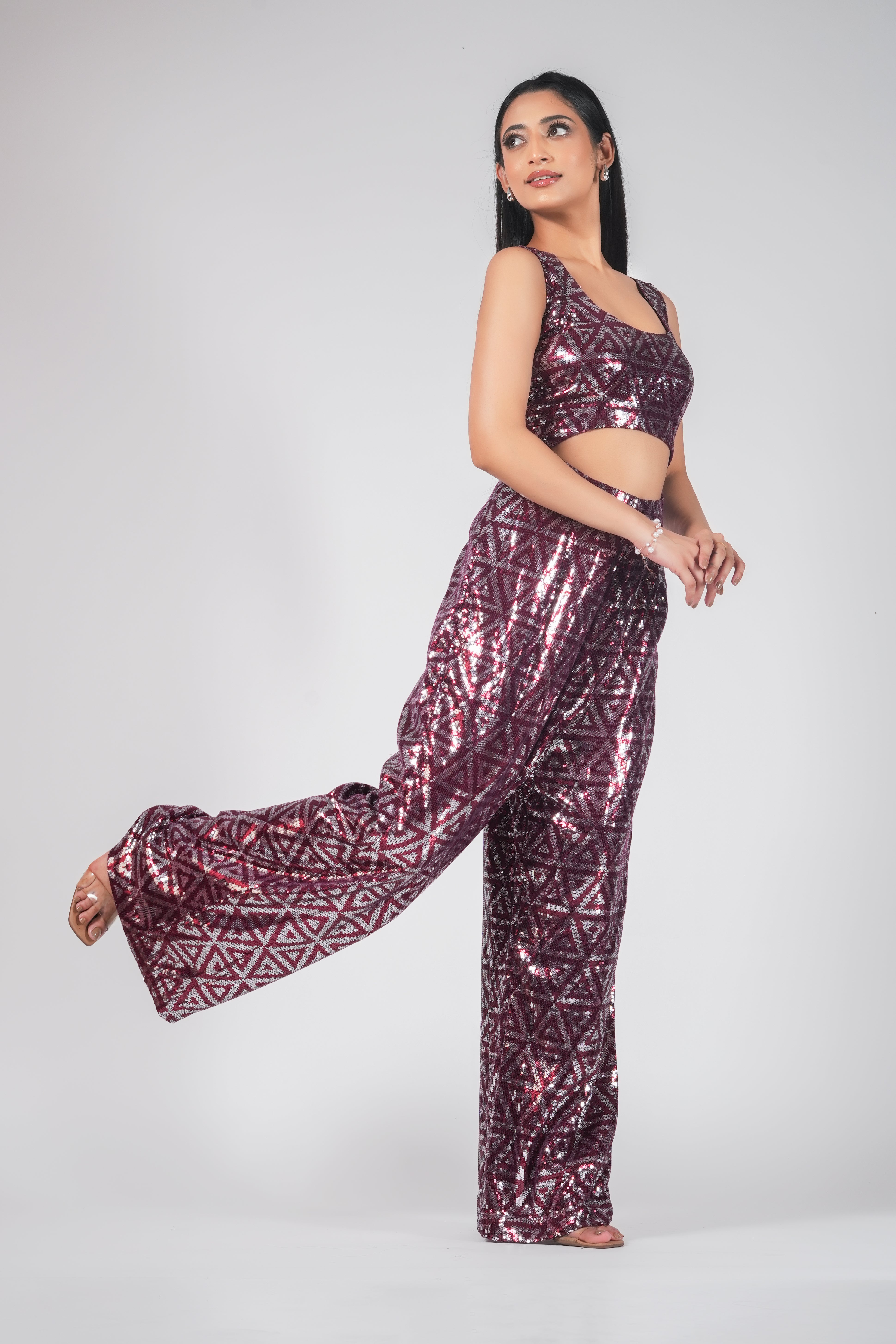 RED SEQUIN JUMPSUIT WITH CUT OUTS