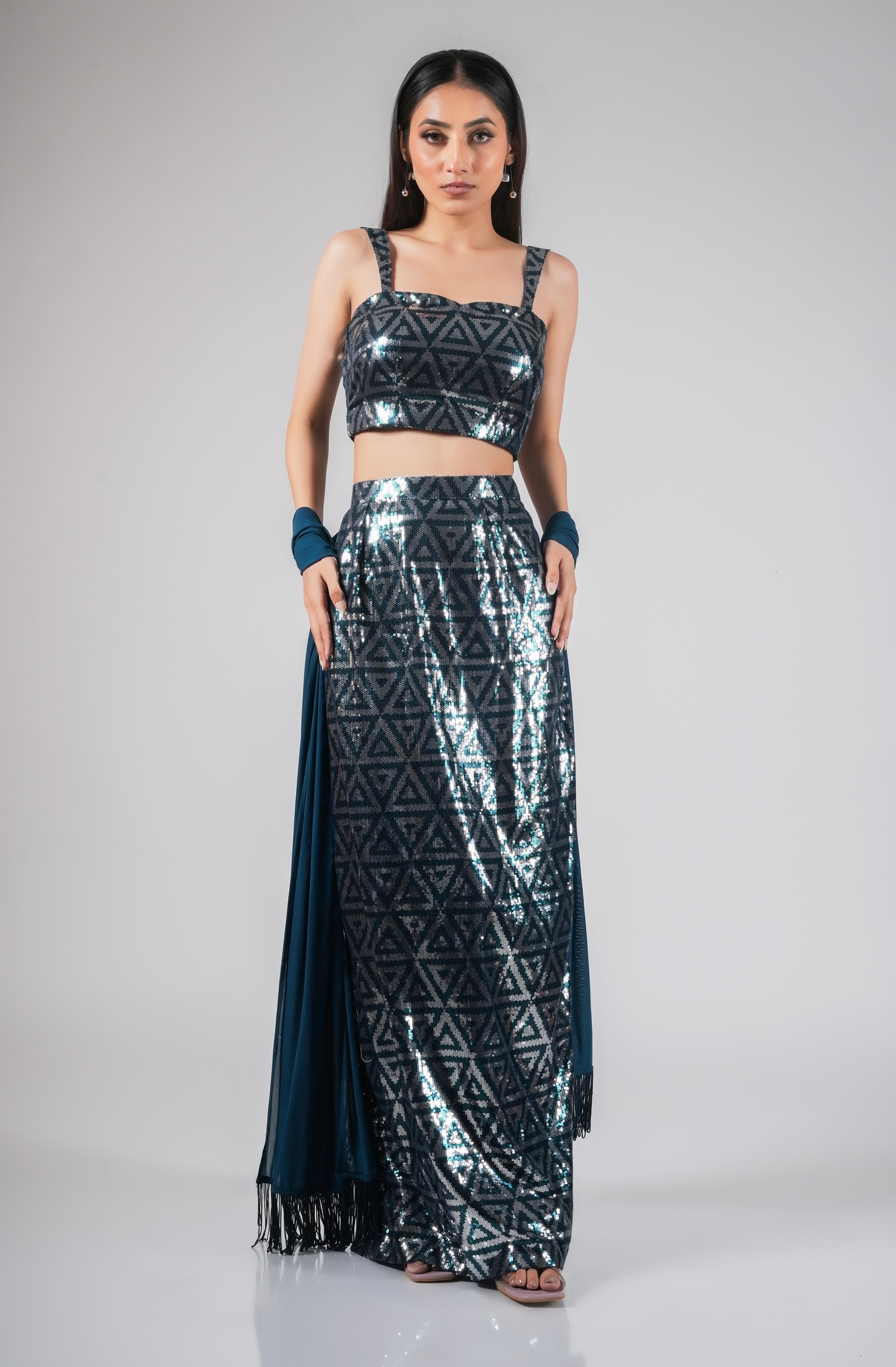 TWO PIECE BLUE SEQUIN SET WITH TASSEL DUPATTA