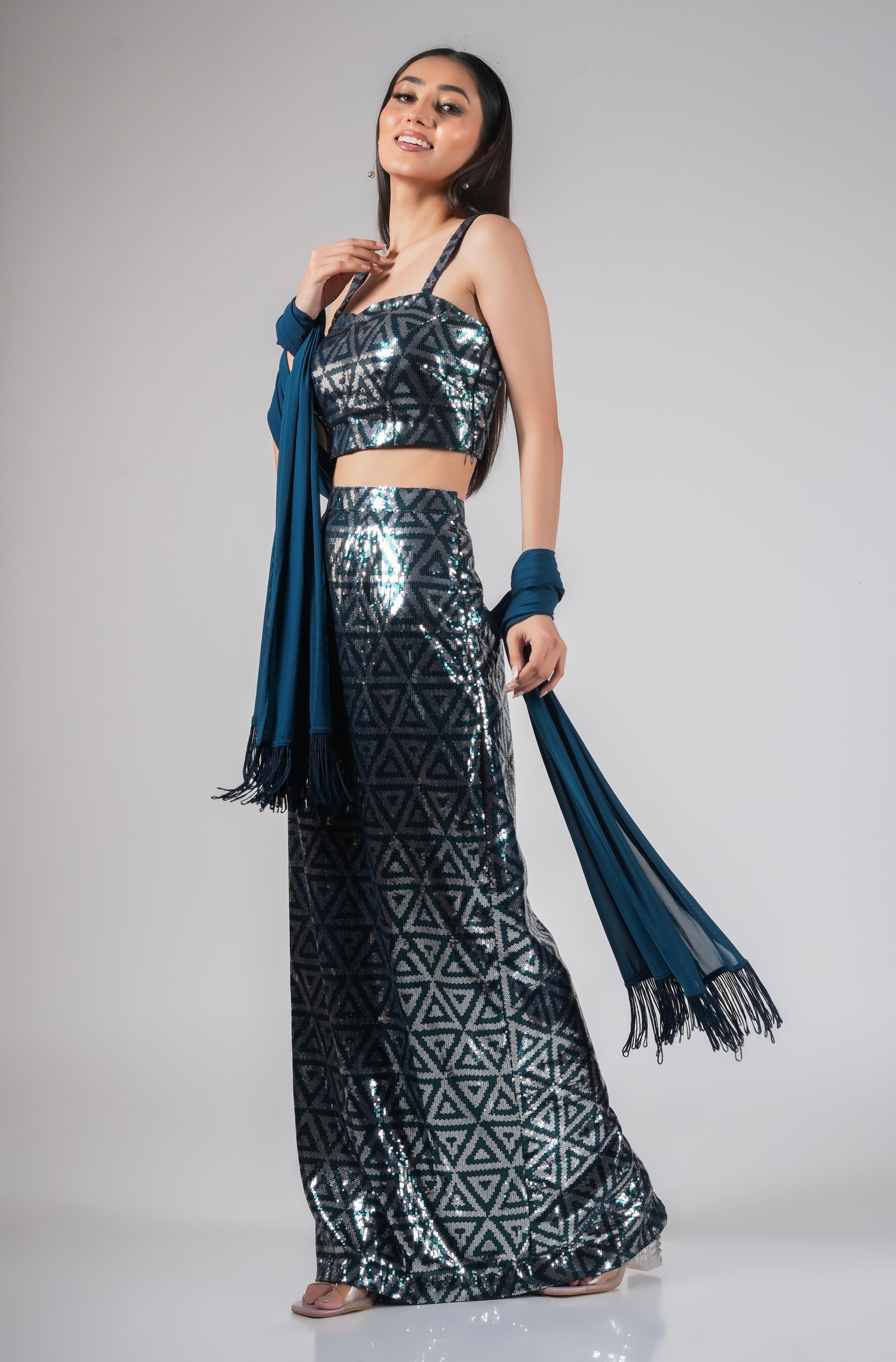 TWO PIECE BLUE SEQUIN SET WITH TASSEL DUPATTA