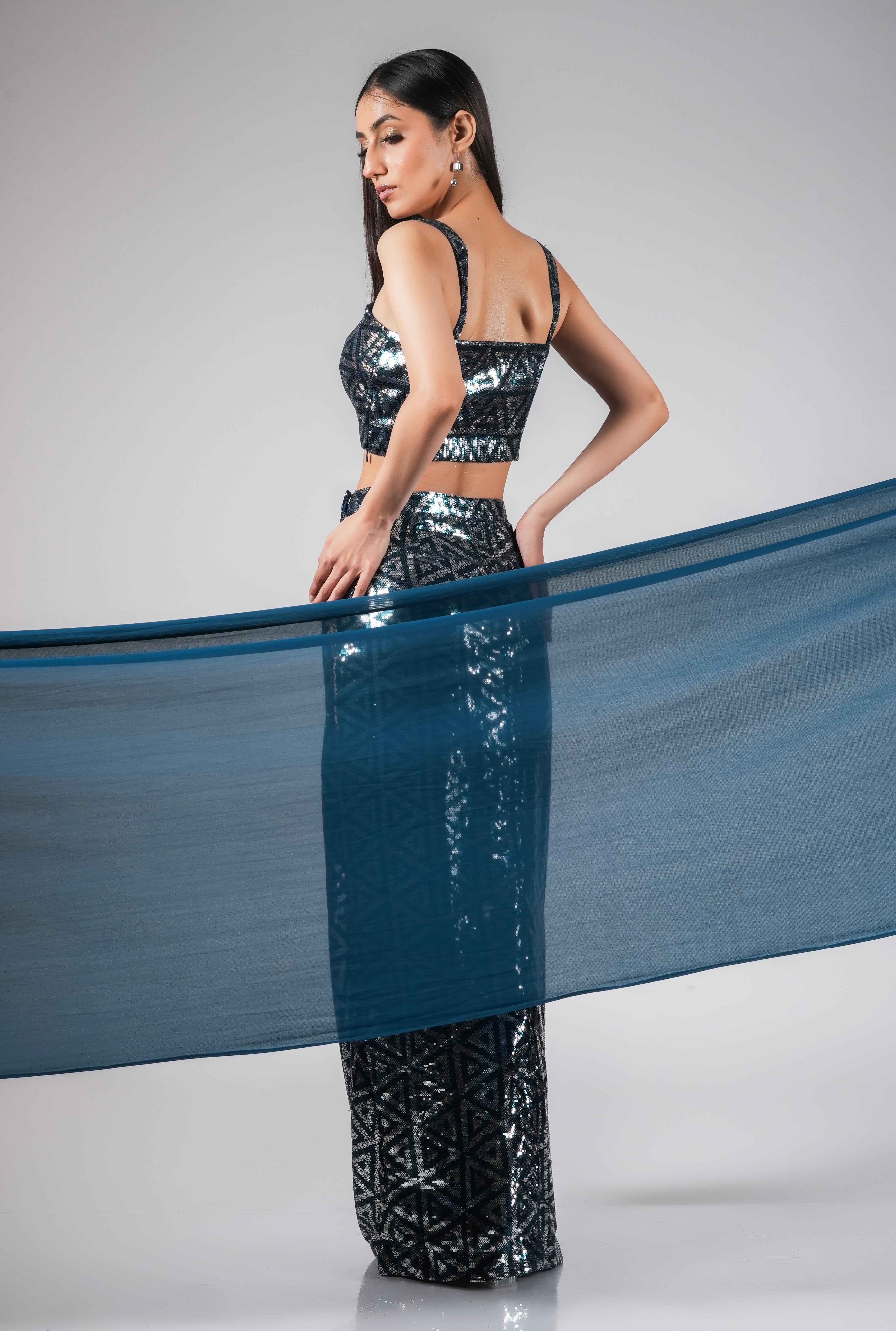 TWO PIECE BLUE SEQUIN SET WITH TASSEL DUPATTA