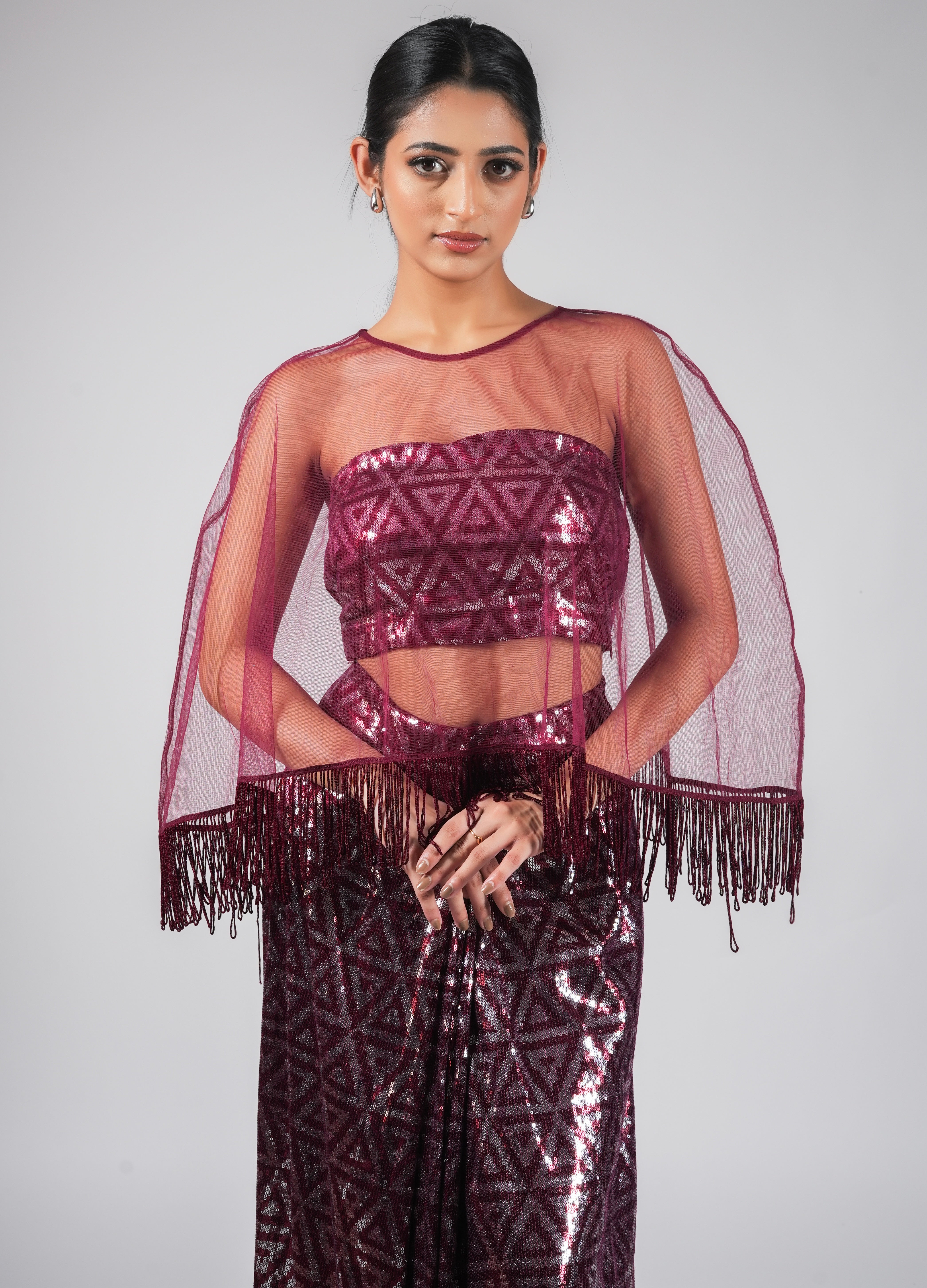 THREE PIECE RED SEQUIN SET WITH TASSEL CAPE