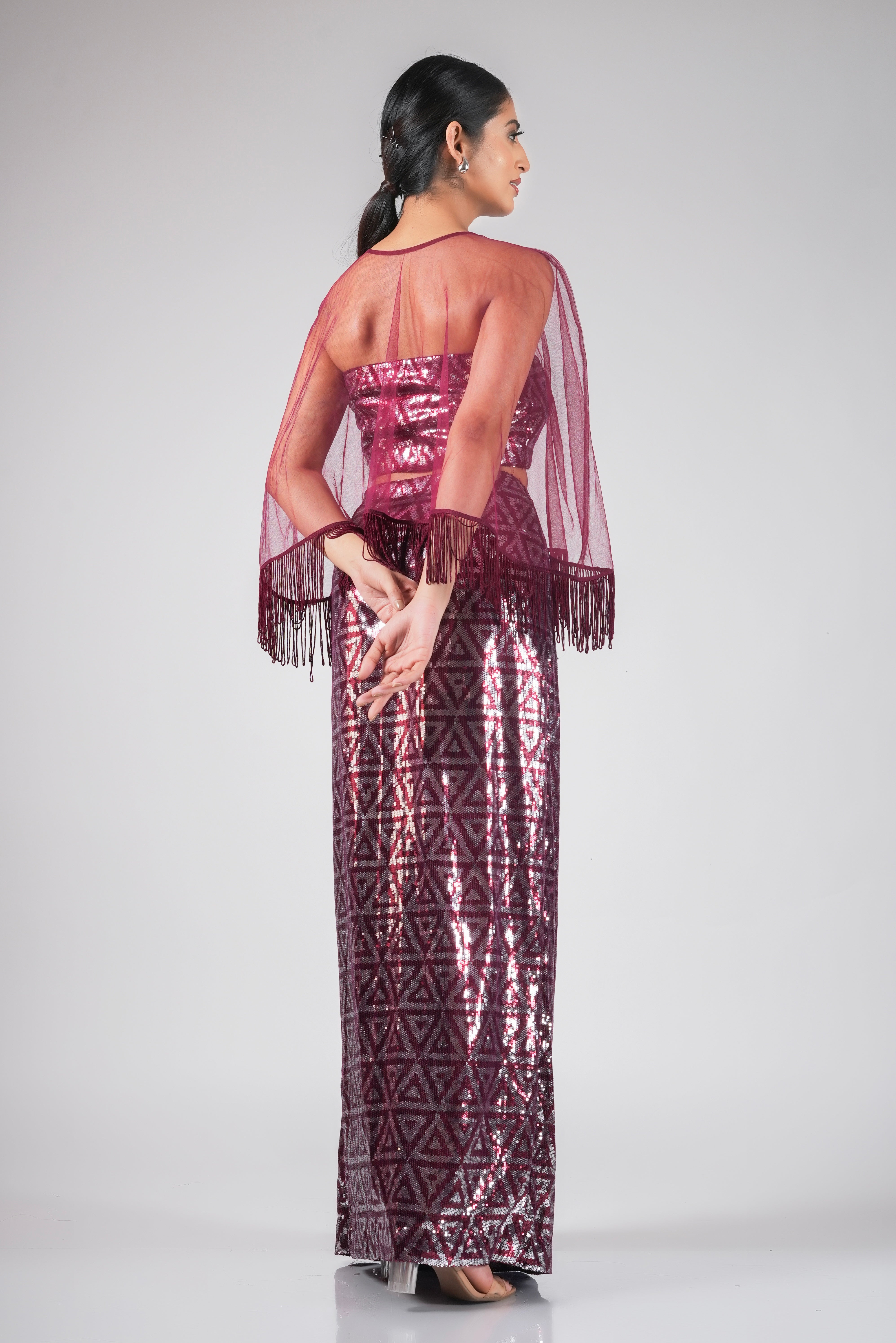 THREE PIECE RED SEQUIN SET WITH TASSEL CAPE