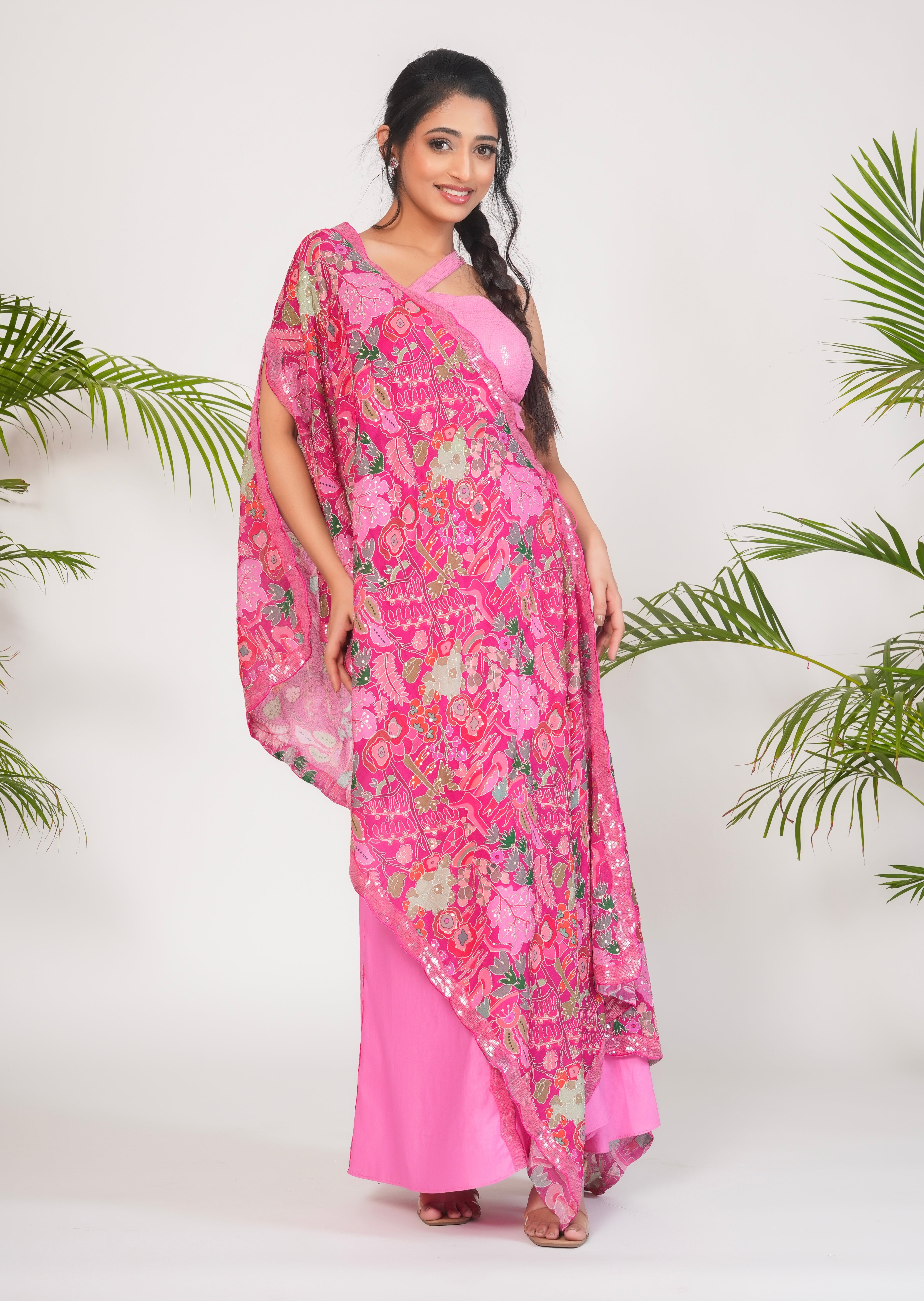 PINK CAPE WITH SEQUINS DETAILED PALAZZO PANTS