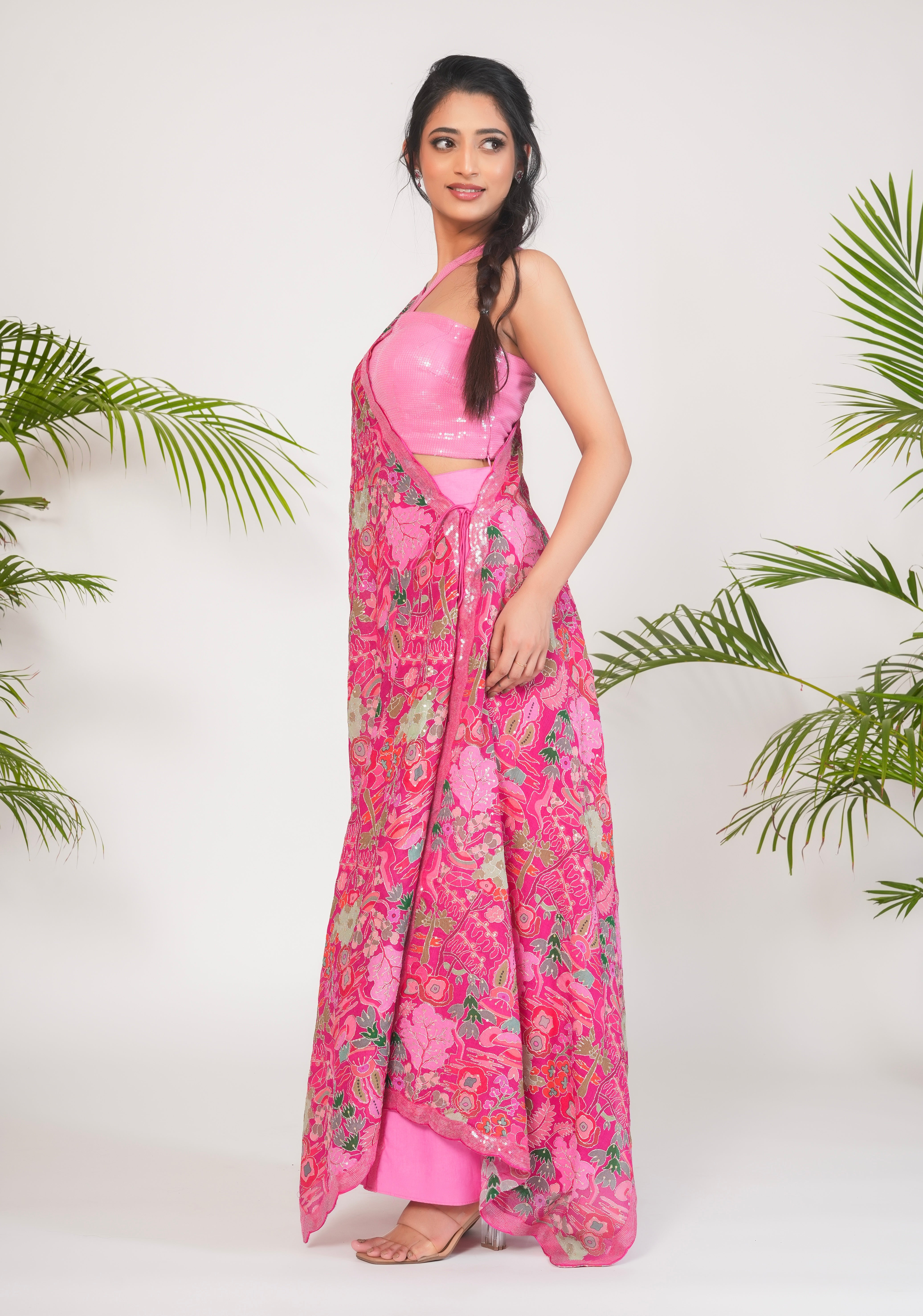 PINK CAPE WITH SEQUINS DETAILED PALAZZO PANTS