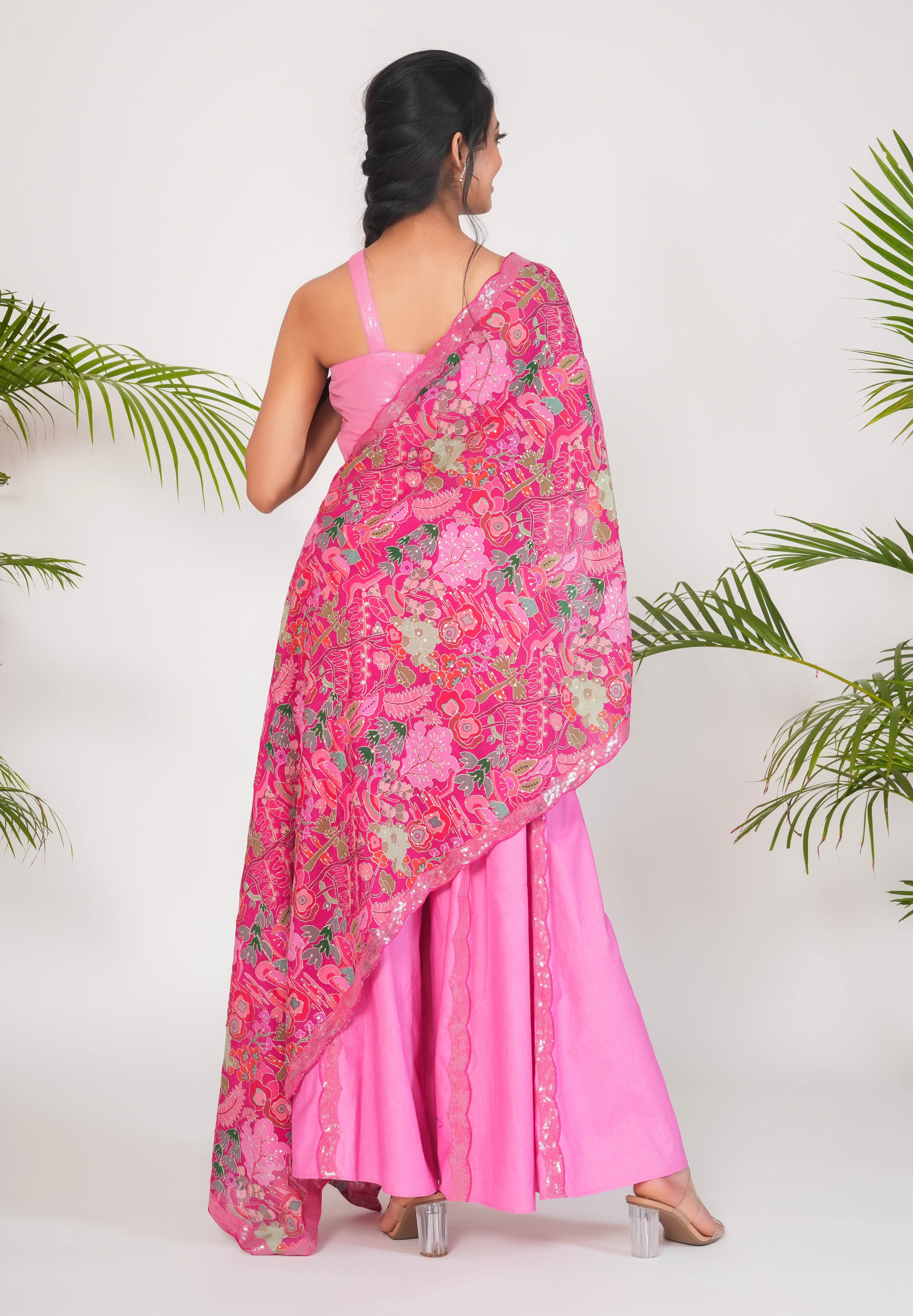 PINK CAPE WITH SEQUINS DETAILED PALAZZO PANTS