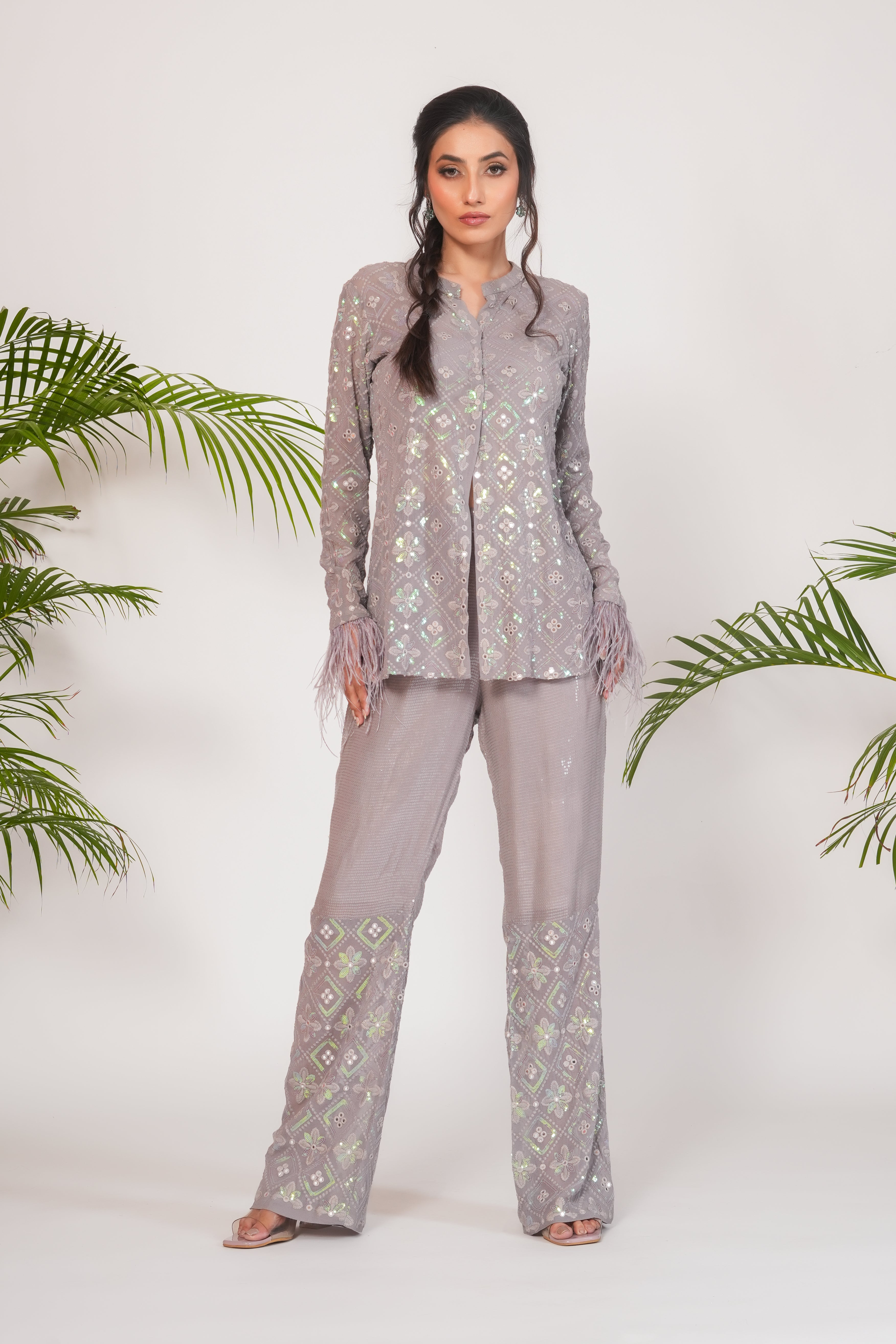 GREY CO-ORD SET WITH FEATHER DETAILING