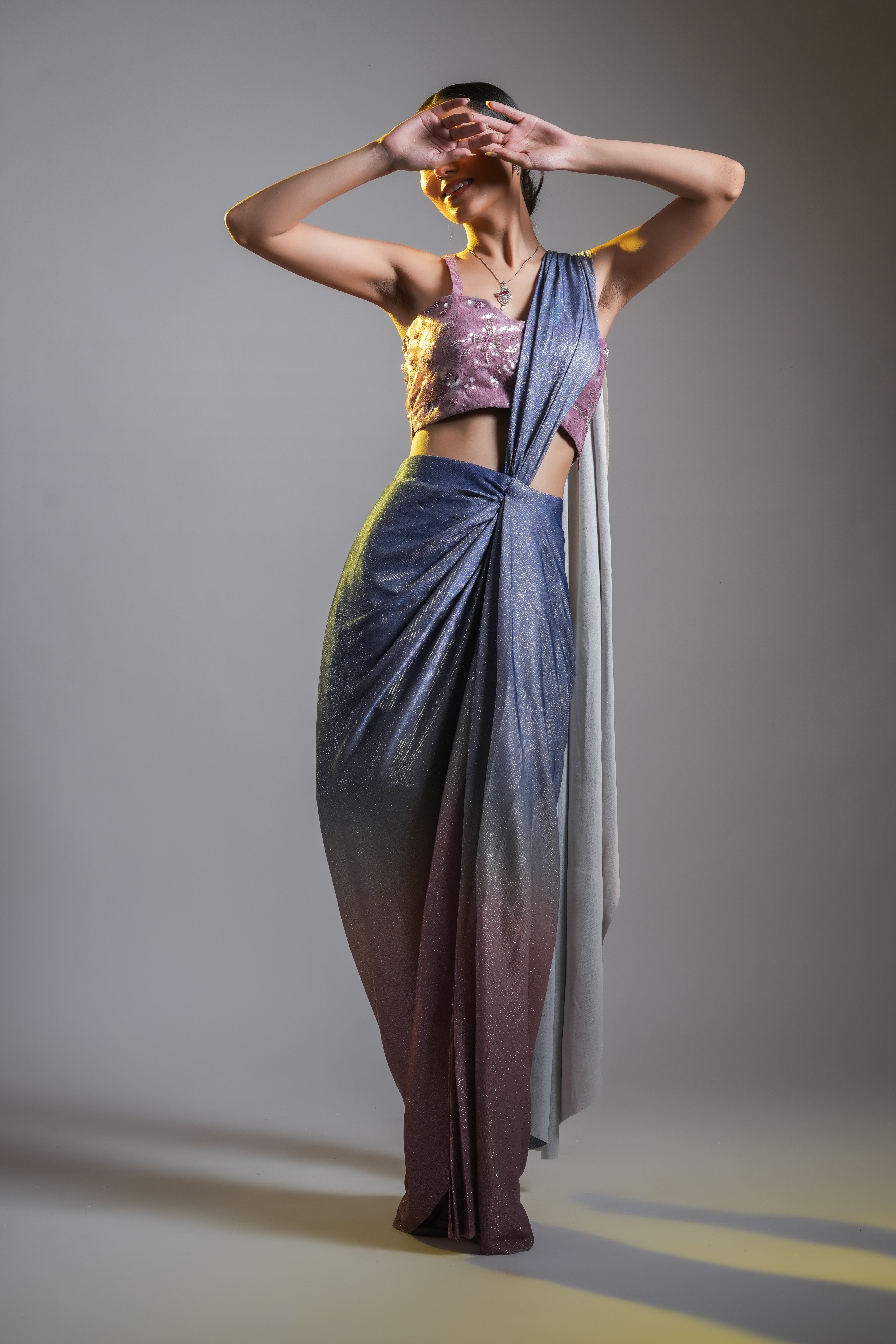 OMBRÉ SHIMMER PRE DRAPED SAREE WITH SLIT
