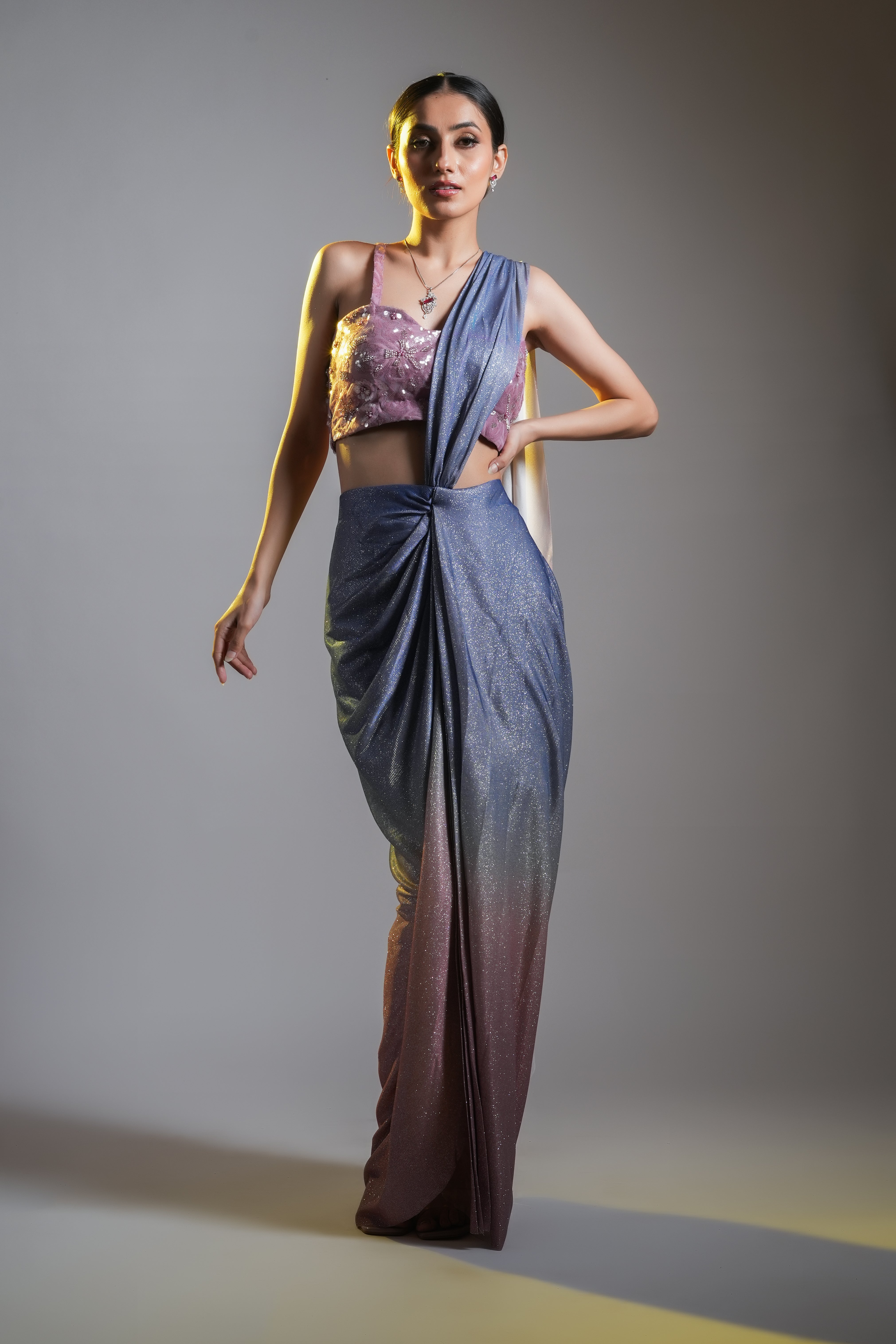 OMBRÉ SHIMMER PRE DRAPED SAREE WITH SLIT