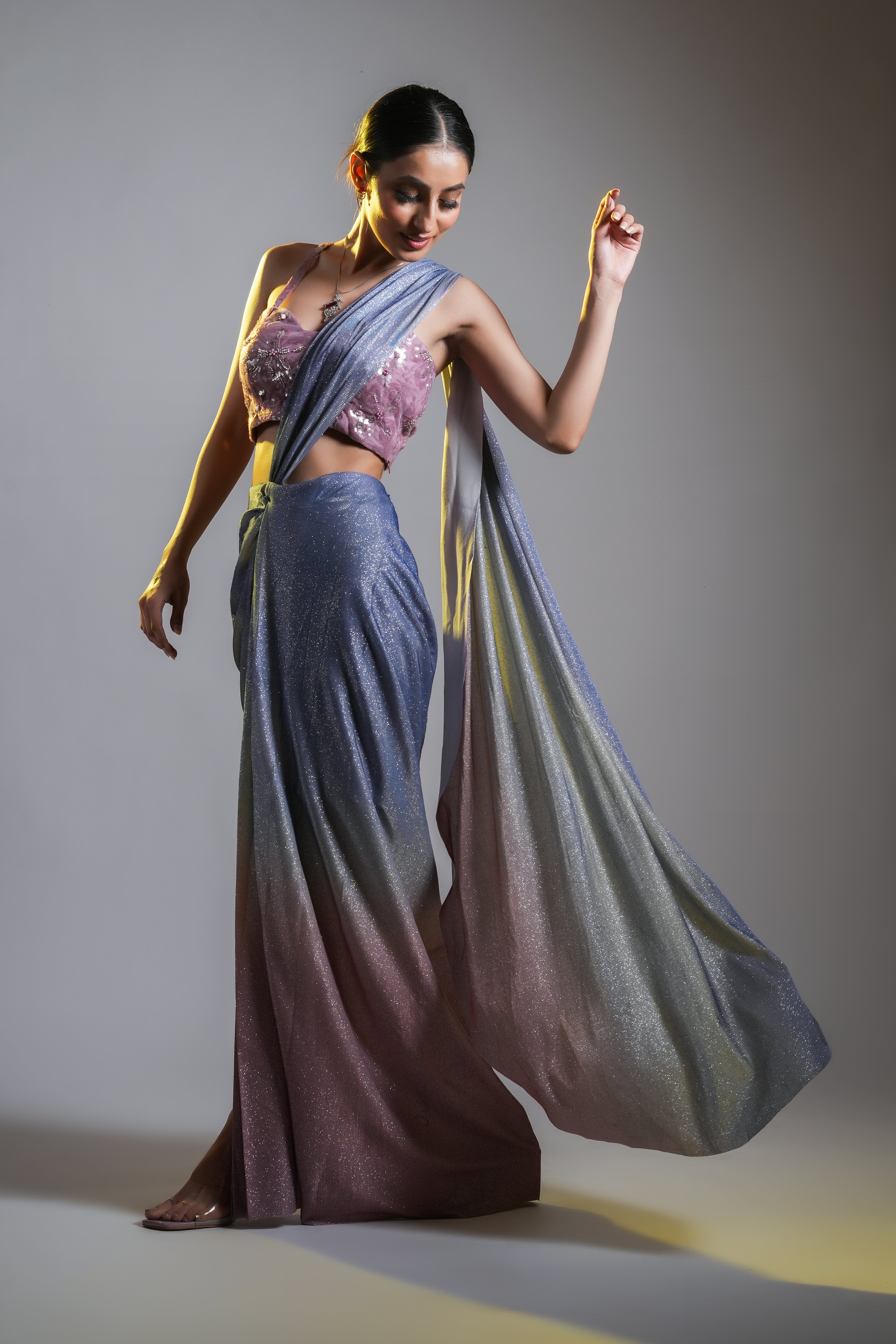 OMBRÉ SHIMMER PRE DRAPED SAREE WITH SLIT