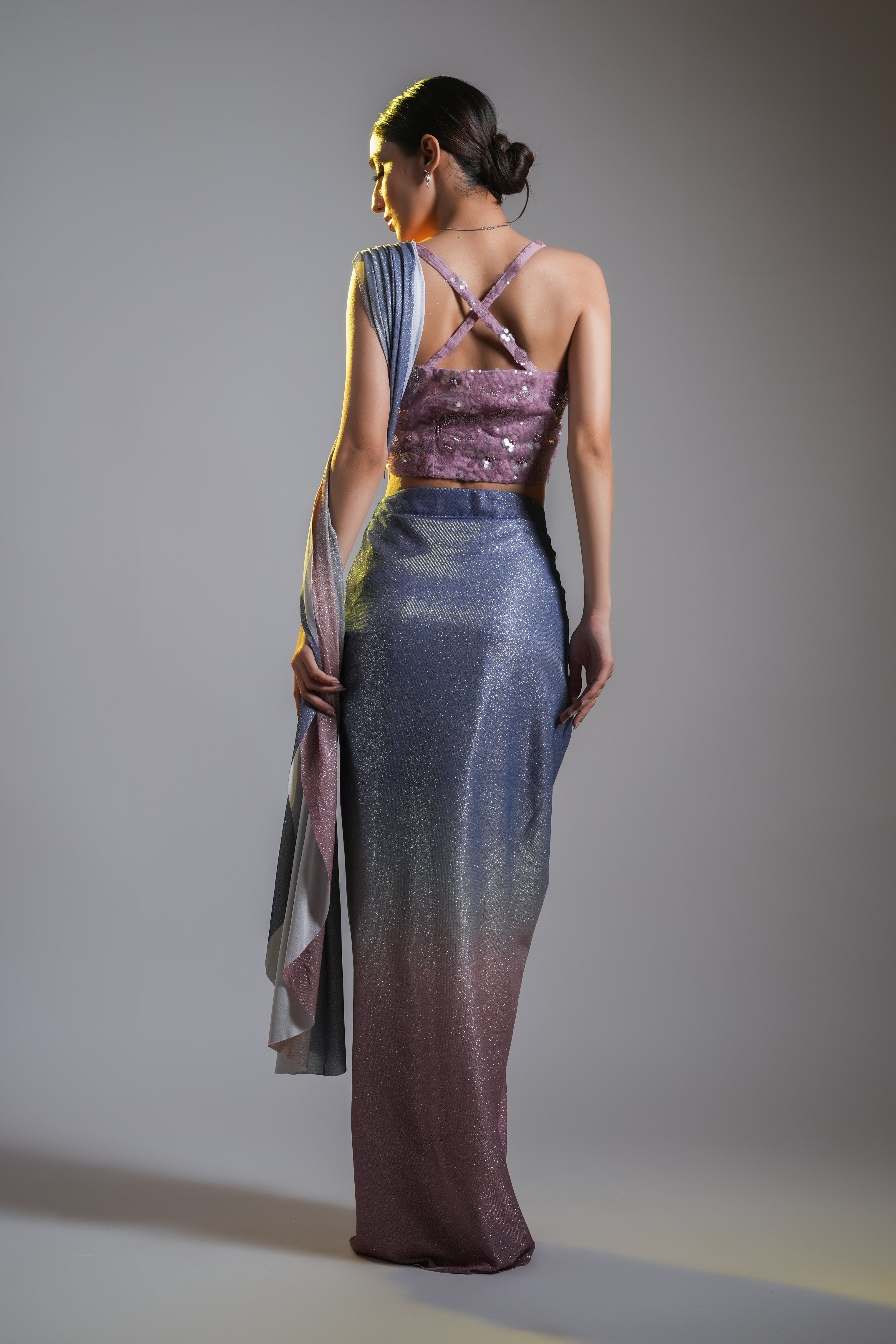 OMBRÉ SHIMMER PRE DRAPED SAREE WITH SLIT