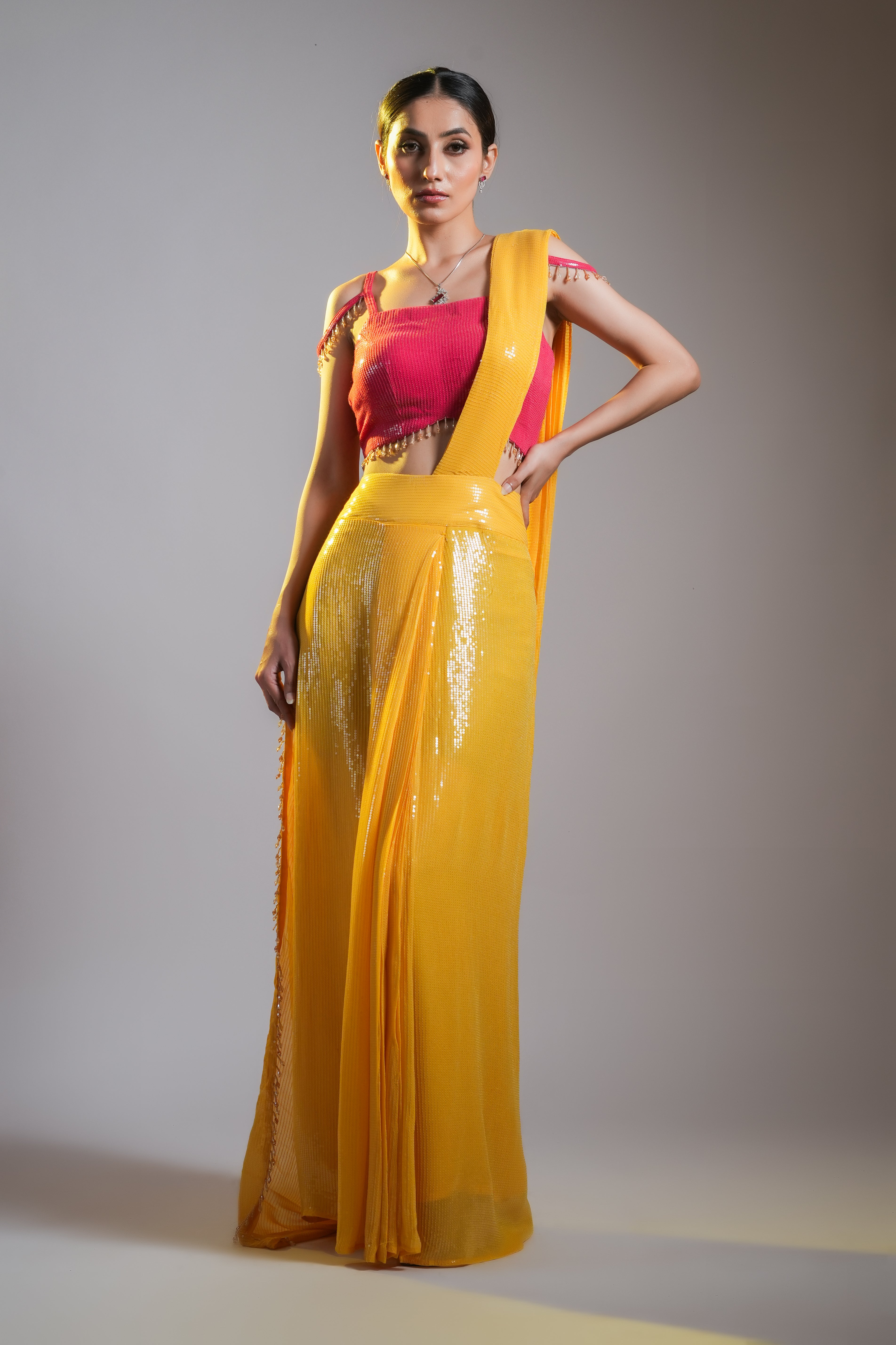 PRE DRAPED SEQUIN SAREE WITH TASSEL BLOUSE