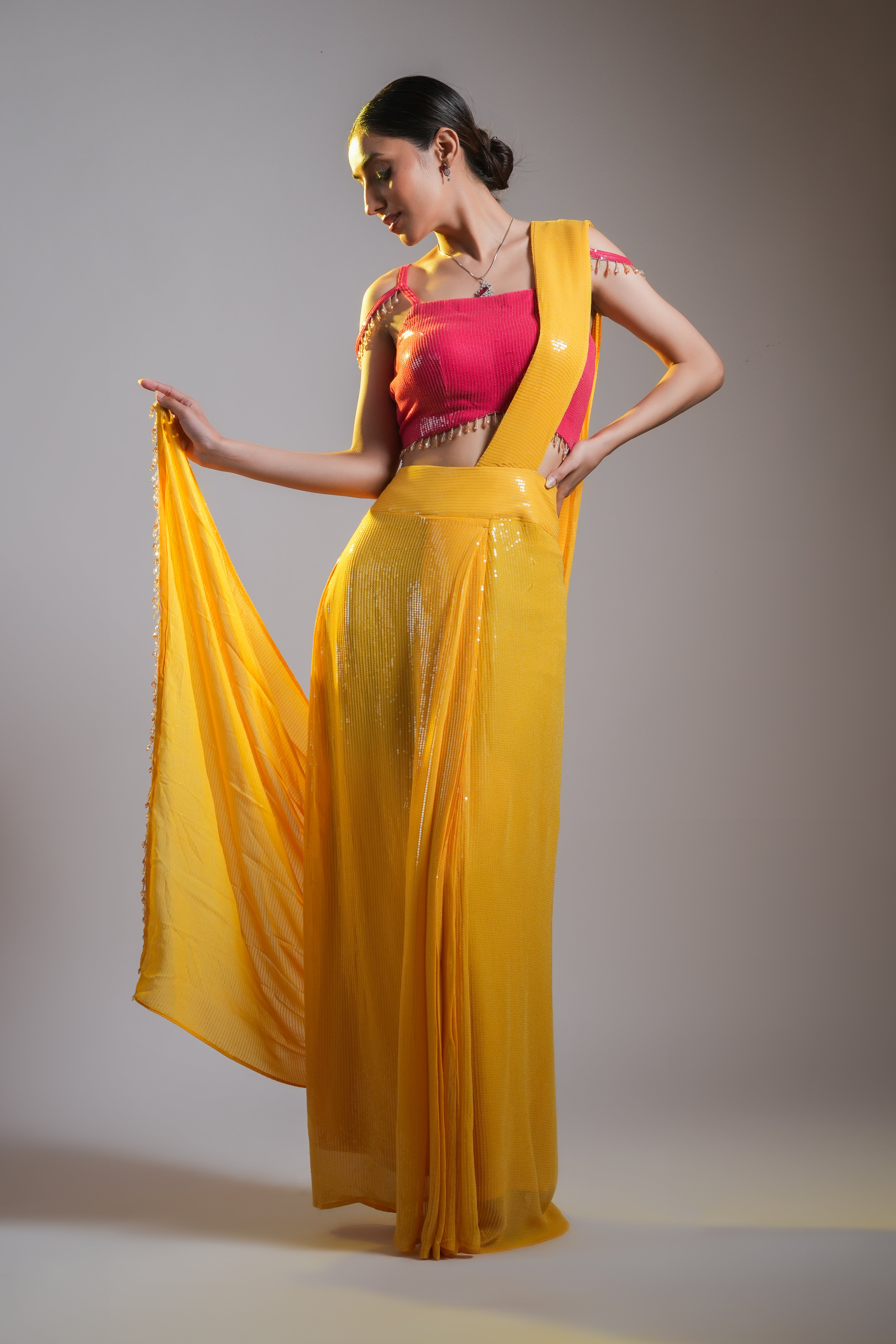 PRE DRAPED SEQUIN SAREE WITH TASSEL BLOUSE