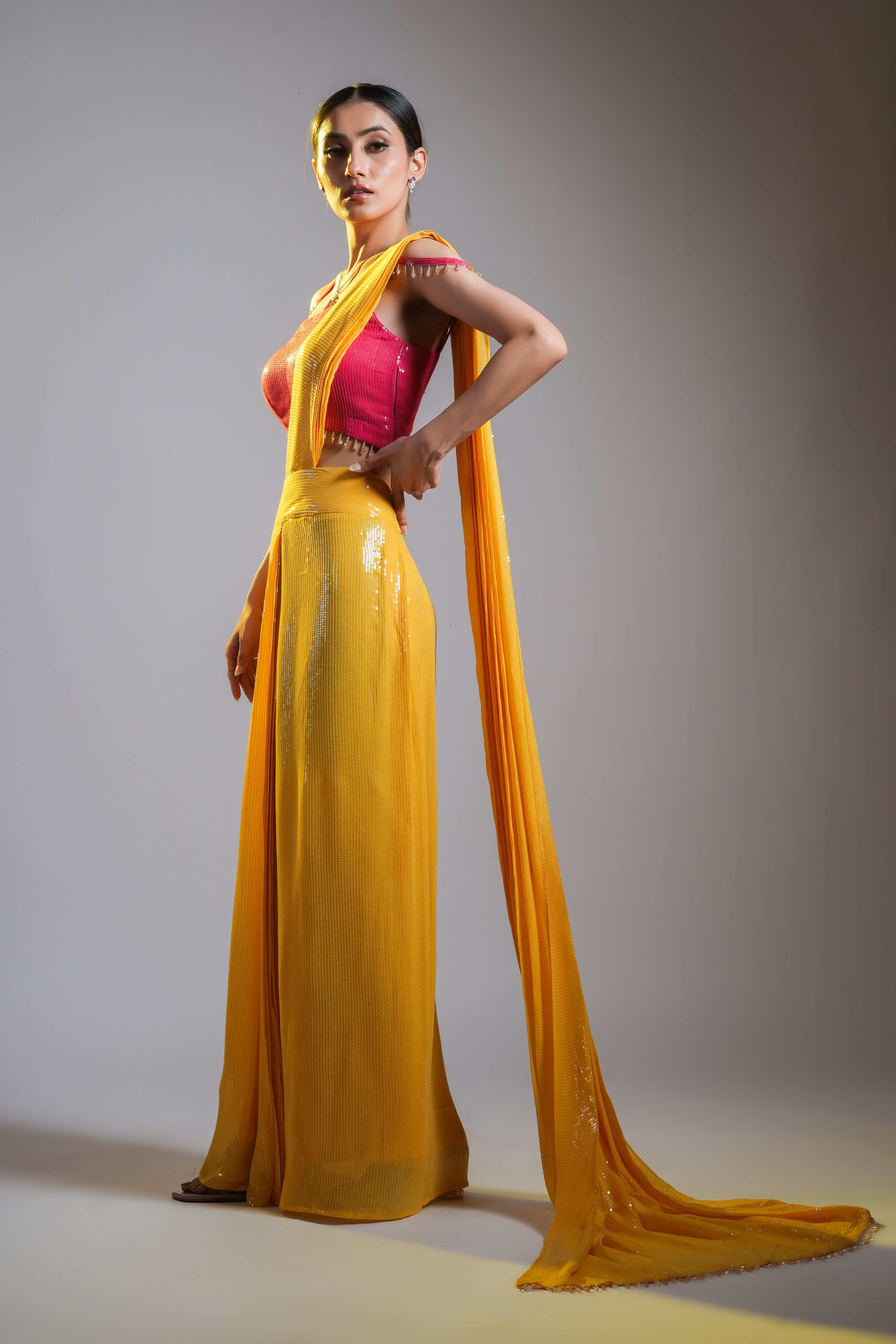 PRE DRAPED SEQUIN SAREE WITH TASSEL BLOUSE