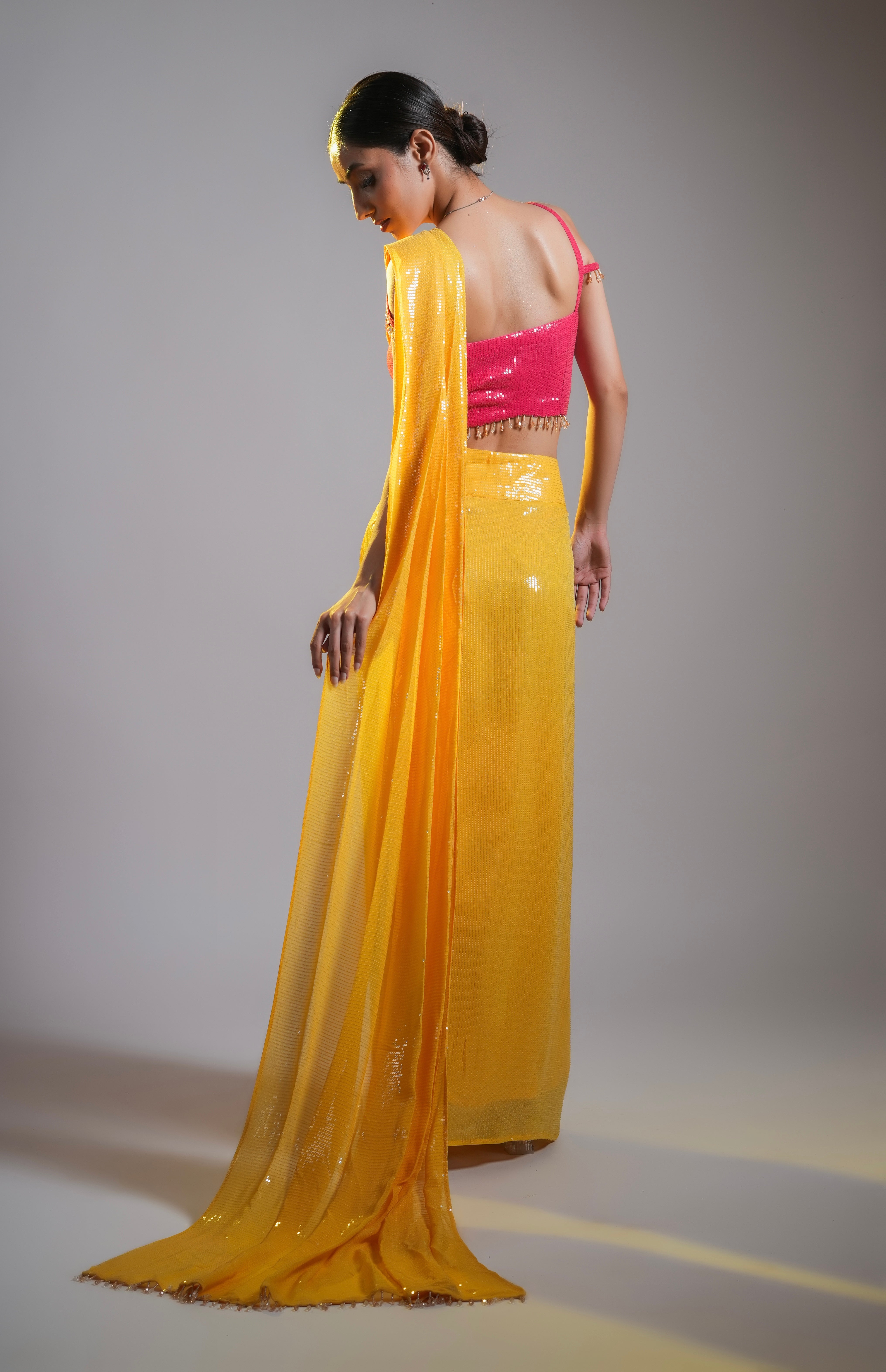 PRE DRAPED SEQUIN SAREE WITH TASSEL BLOUSE