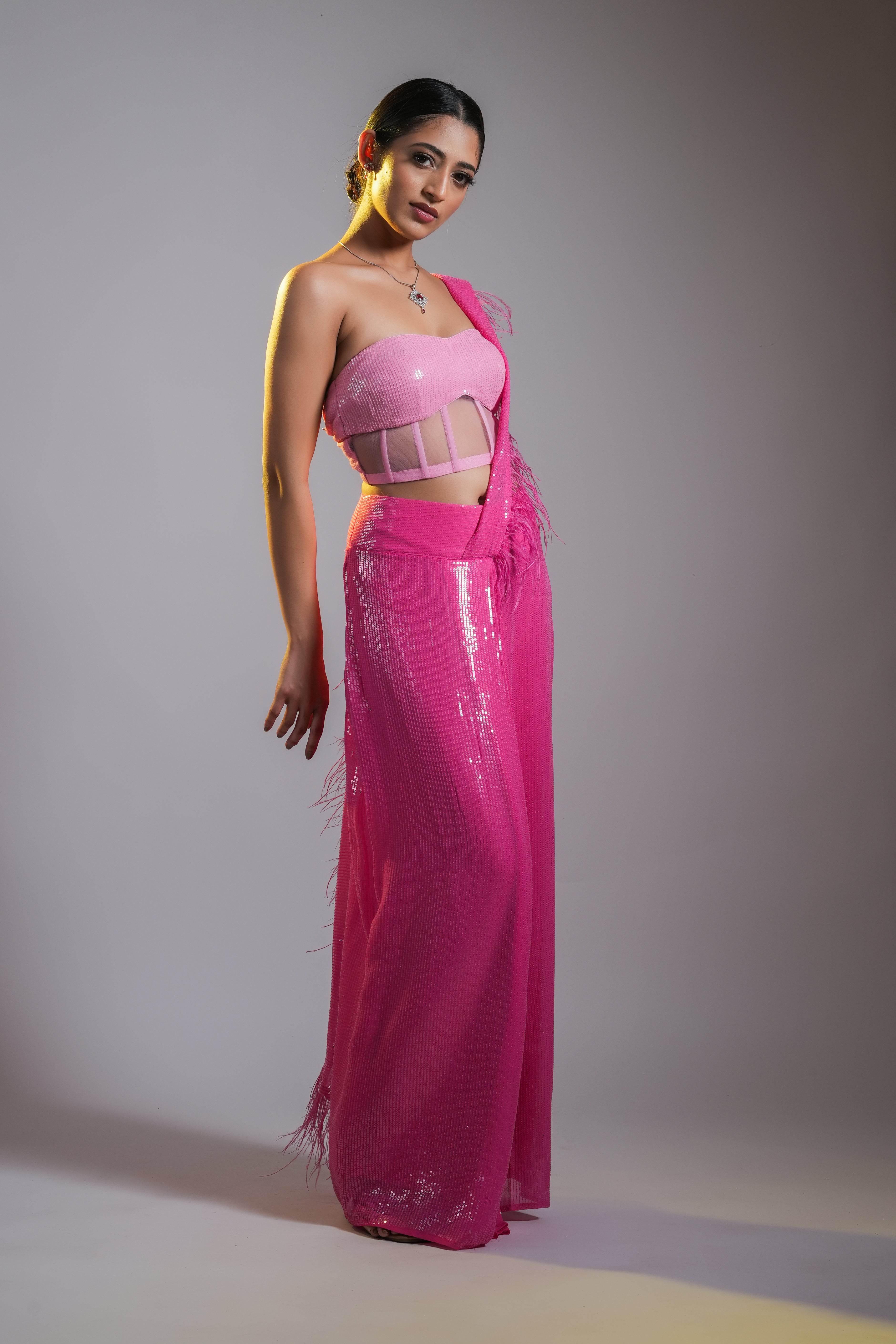 PRE DRAPED SEQUIN SAREE WITH CORSET BLOUSE