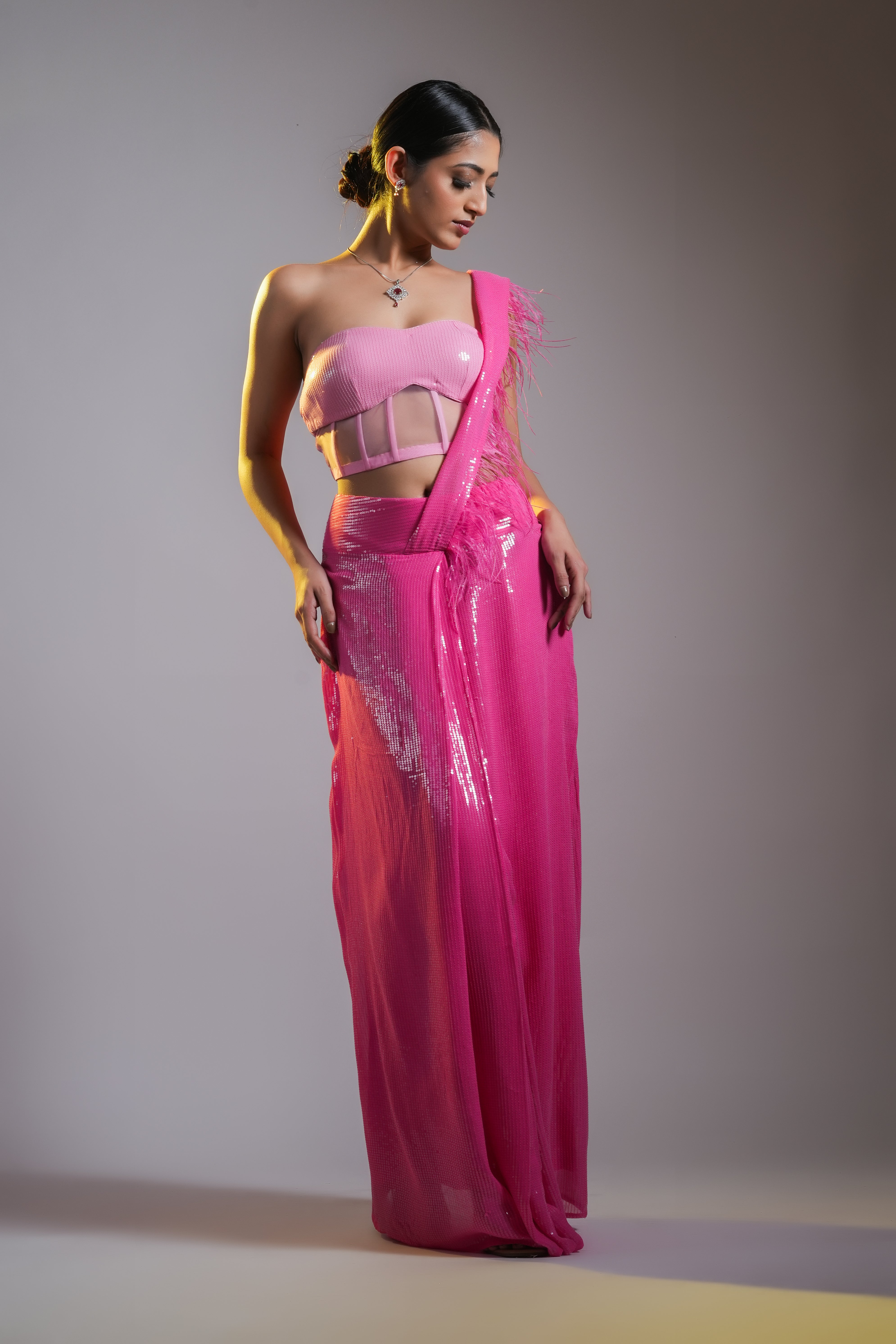 PRE DRAPED SEQUIN SAREE WITH CORSET BLOUSE