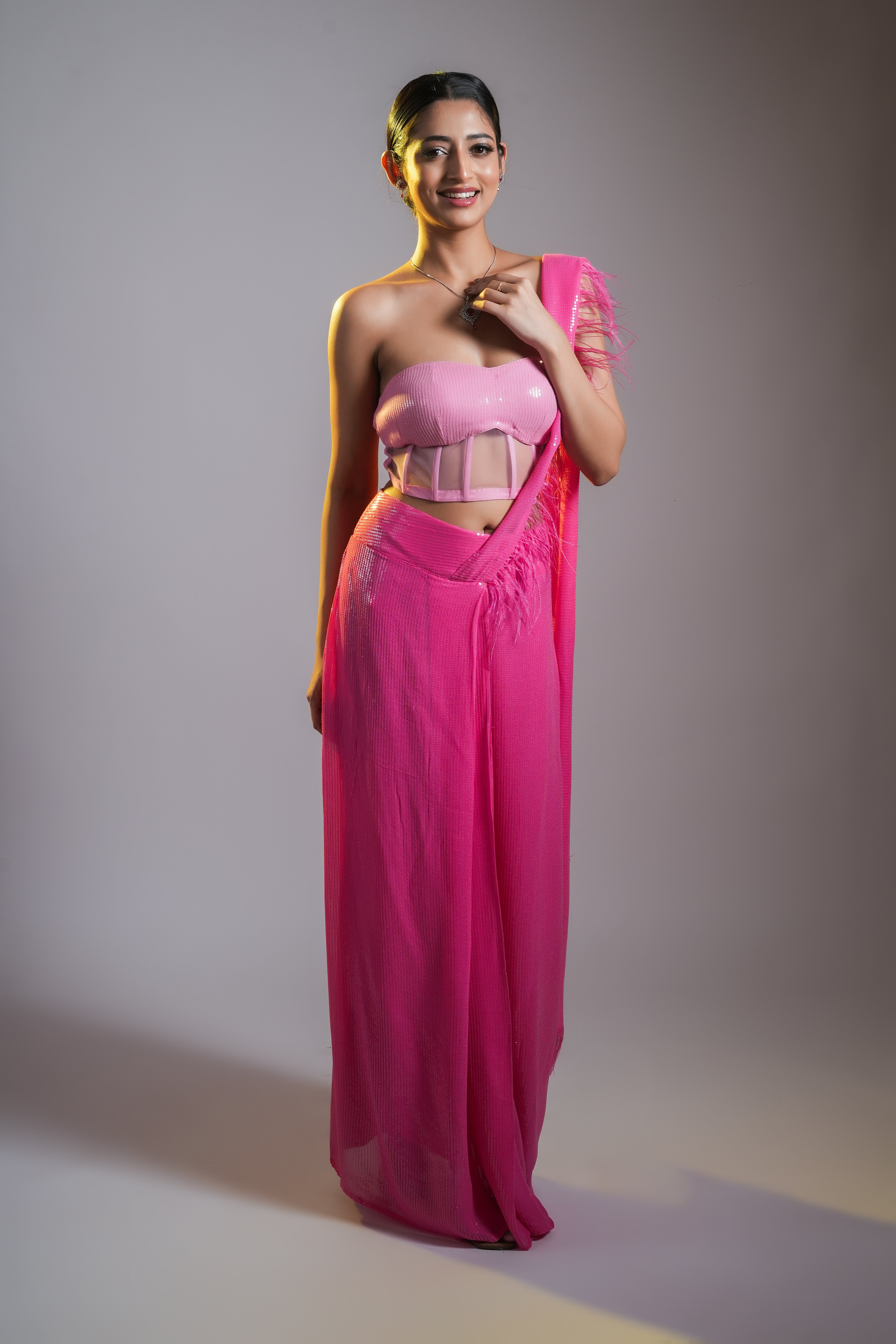 PRE DRAPED SEQUIN SAREE WITH CORSET BLOUSE