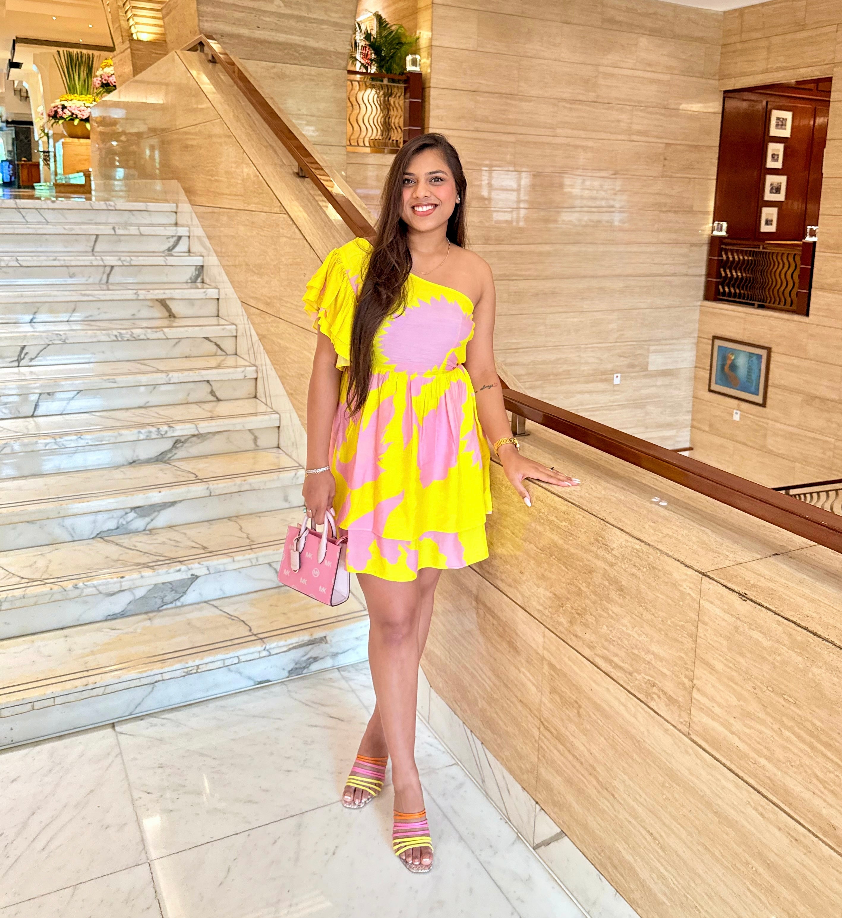 YELLOW FLORAL ONE SHOULDER DRESS